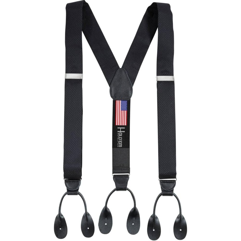 HOLD'EM 100% Silk Suspenders For Men Y-Back Button End – Black Pin Dot